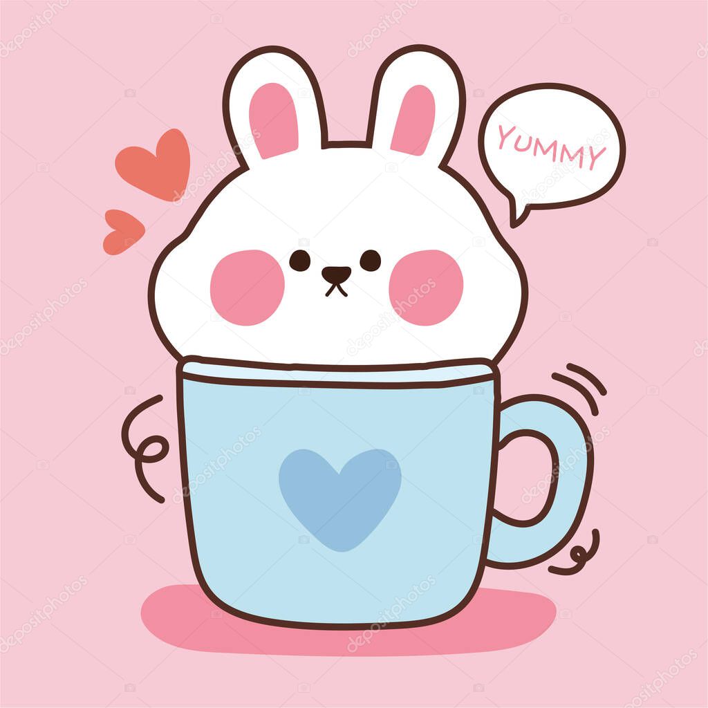 Cute of rabbit face on cup in cartoon.Pink background.Animal character design.Kid graphic.Sticker.Art.Image.Isolated.Kawaii.Vector.Illustration.