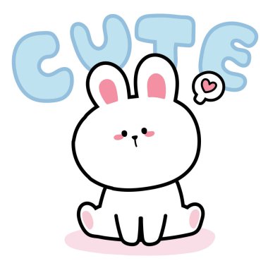 Sevimli tavşan kalbi beyaz arka planda oturur. Hayvanlar için karakter tasarımı. İzole edilmiş. Sanat. Çocuk grafiği..