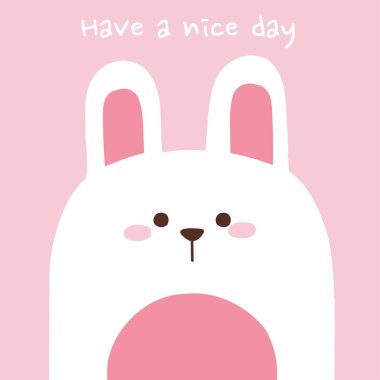 Pembe arkaplanda sevimli surat tavşan karikatürü. Hayvan karakteri tasarımı. Resim. Grafik tasarımı. Not. Bebek tavşan eli çizimi.