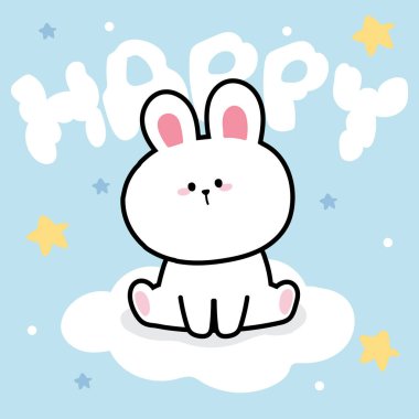 Şirin tavşan bulut karikatüründe oturur. Mutlu bir özgeçmiş. Hayvan karakteri tasarımı. Çocuk grafiği. Sanat..