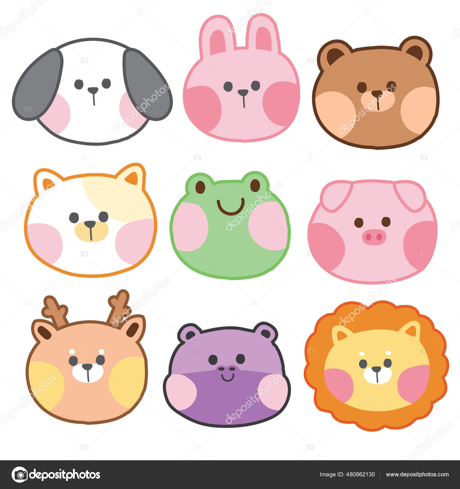 Conjunto Cara Animales Lindos Fondo Blanco Diseño Personajes Dibujos  Animales Vector de stock #480862130 de ©ma_nud_sen, image size:1600x1700