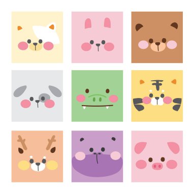 Kedi, tavşan, ayı, köpek, timsah, kaplan, geyik, su aygırı, domuz eli çizilmiş koleksiyon. Kart, poster, bebek bezi, etiket. İllüstrasyon.