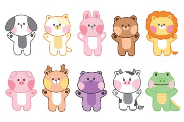 Koleksiyon. Sevimli hayvan çizgi film karakteri tasarımları. Köpek, kedi, tavşan, ayı, aslan, domuz, geyik, su aygırı, inek, timsah eli çizimi. Resim. Sanat. Çocuk grafiği..