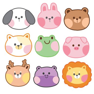 Beyaz arka planda duran sevimli hayvanlar. Çizgi film karakteri tasarımı. Köpek, tavşan, ayı, kedi, kurbağa, domuz, geyik, aslan eli çizilmiş. İzole edilmiş..