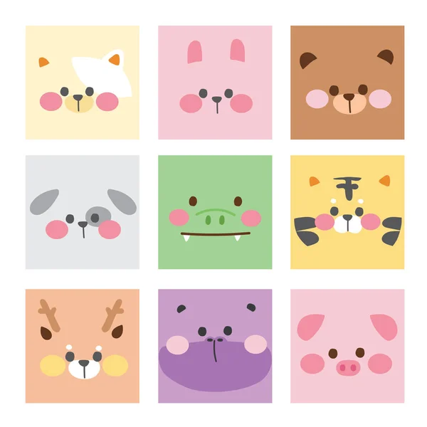 Set Cute Animal Face Cartoon Cat Rabbit Bear Dog Crocodile — Stock Vector