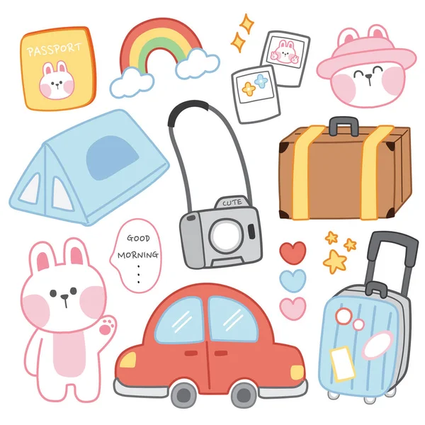 여행중귀여운 Concept Cartoon 캐릭터 Design Passport Camera Bag Car Picture — 스톡 벡터