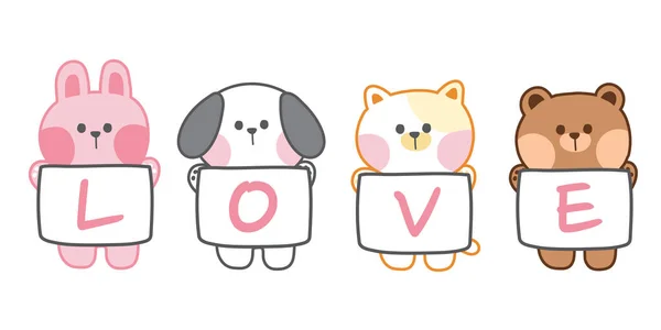 Concetto San Valentino Animali Con Amore Scrivere Carta Banner Rabbit — Vettoriale Stock