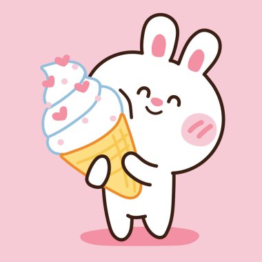 Pembe arkaplanda dondurması olan sevimli bir tavşan. Hayvan karakteri karikatürü. Görüntü. Çocuk grafik tasarımı. İzole edilmiş..