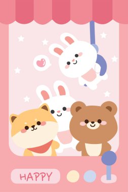 Oyuncak Bebek Makinesi. Oyuncak Vinç Oyun Makinesi. Oyuncak çocuklar için. Çizgi film karakteri tasarımı. Sevimli hayvanlar. Tavşan, shiba inu dog, ayı eli çizimi..