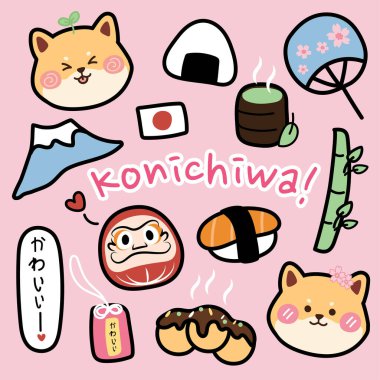 Japon konseptindeki sevimli karikatürler. Japon köpeği, Japon yemeği, suşi, fuji, yeşil çay çizimi. Etiket, kart, afiş, çocuk yapımı. Kawaii.Konichuwa metni. Görüntü:.