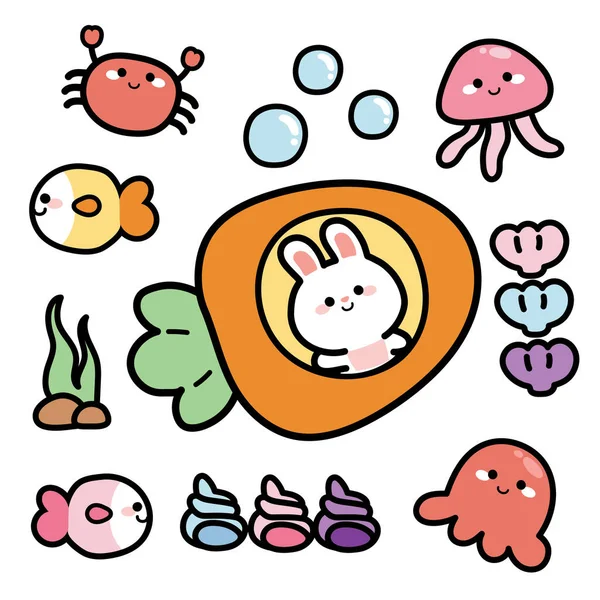 水中のコンセプト動物のキャラクターデザインかわいいウサギの漫画の手が描かれています Solated Sticker Kid Graphic Icon Kawaii Vectorイラスト — ストックベクタ