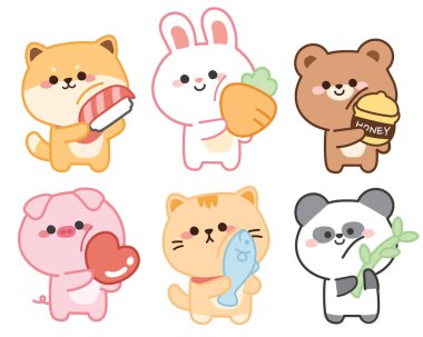 Beyaz arka planda sevimli hayvanlar. Karakter tasarımı. Shiba inu dog, tavşan, ayı, domuz, kedi, panda karikatürü. Koleksiyon. Çocuk grafiği..