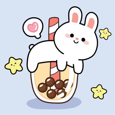 Sütlü çay fincanındaki şirin tavşan. Mavi arkaplanda yıldız. Karakter hayvan tasarımı. Çocuk grafiği. İzole edilmiş..