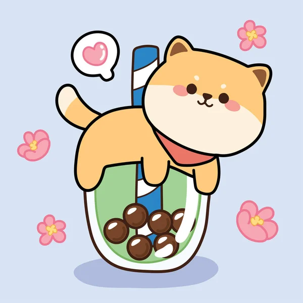 Cute Shiba Inu Dog Bubble Milk Green Tea Cartoon Sakura — Wektor stockowy