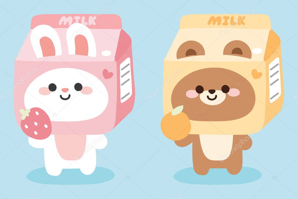 Set of cute rabbit and bear in costume cartoon on blue background.Strawberry and orange flavor milk.Animals character design.Image for kid product,sticker,card,wallpaper.Kawaii.Vector.Illustration.