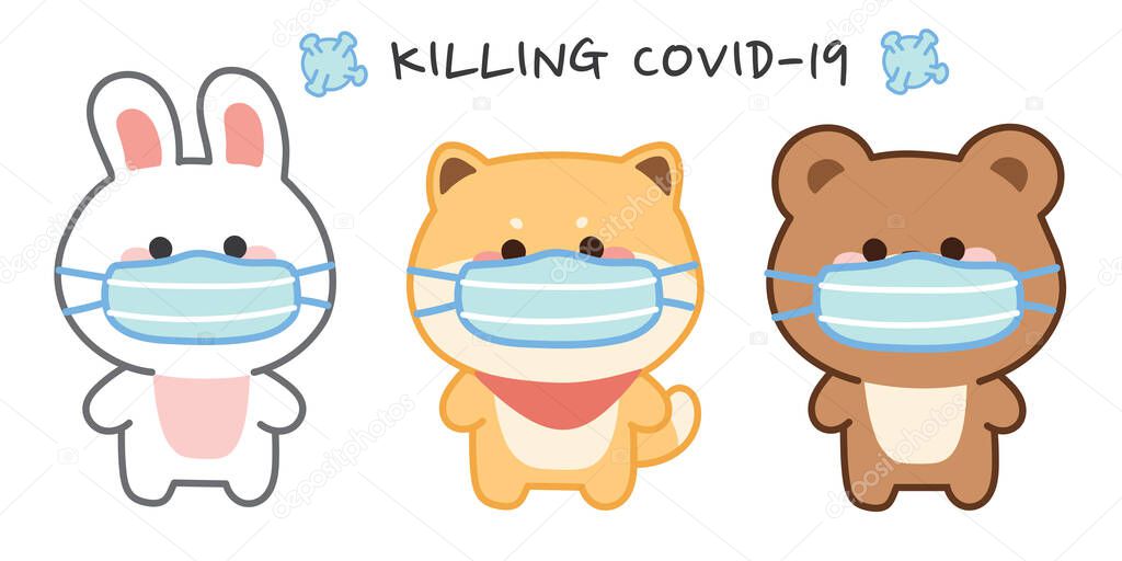 Killing covid-19 concept.Set of cute animals wear face mask for protect from virus or dust on white background.Cartoon character design.Kid graphic design.Image.Art.