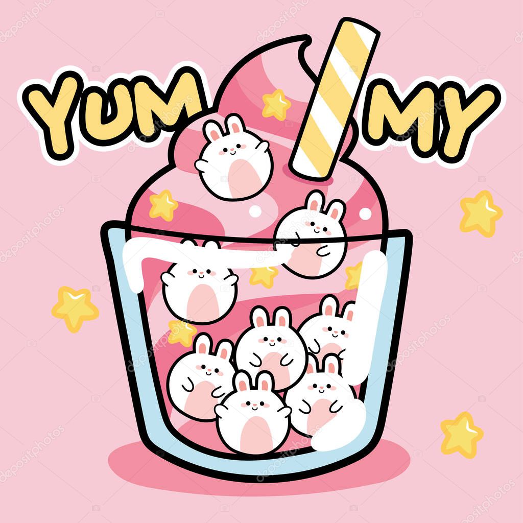 Cute soft ice cream with rabbit bubble on pink background.Yummy text.Animal character design.Image for kid product,sticker,shirt print,wallpaper,card.Isolated.Art.Graphic.Sweet.Kawaii.Vector.Illustration.