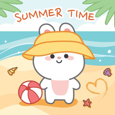 Yaz konsepti. Sahilde top çizgi filmiyle sevimli tavşan duruşu. Hayvan karakteri tasarımı. Çocuk ürünü, arka plan, duvar kağıdı. Tatil..