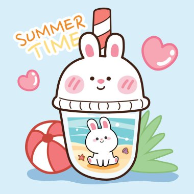 Şirin küçük tavşan, kupa içinde deniz arkası karikatürünün üzerine oturur. Hayvanlar için karakter tasarımı. İçki. Logo, çocuk ürünü, ikon, kart, poster.Kawaii.Dekorasyon..