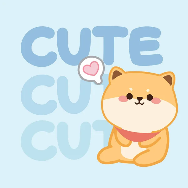 かわいいテキストブルーの背景に座って芝犬 漫画のキャラクターデザイン Kidグラフィック 日本のペット 笑顔Face Card Love Kawaii Vector Illustration — ストックベクタ