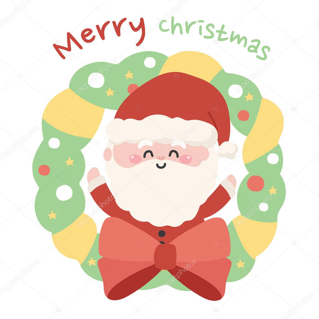 Christmas wreath with santa claus.Hanging decorations.Winter.Festival.Cute cartoon hand drawn.Character design.New year.Kid graphic.Kawaii.Vector.Illustration.