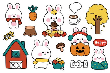 Sonbahar konseptinde 1.set şirin tavşan yok. Çizgi film kemirgen hayvan karakteri. Yaprak, mantar, havuç, kahve..