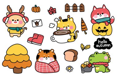 No 2.Set of cute animals in autumn fall concept.Cartoon animal character.Deer,tiger,giraffe,crocodile,fox.Kawaii.Vector.Illustration.
