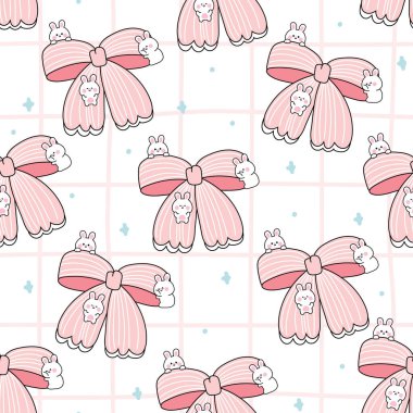 Seamless pattern of cute big pink bow with tiny rabbit bunny background.Easter.Rodent animal character cartoon design.Image for card,sticker,baby product.Kawaii.Vector.Illustration
