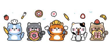 Pastanede kedi yavrusu seti. Hayvanlar için çizgi film tasarımı. Çilek, çörek, kruvasan, süt. Kawaii.Vector.
