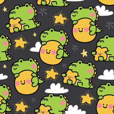 Tatlı timsahların kusursuz desenleri Ay 'ı ve yıldızları gece gökyüzünde tutuyor. Sürüngen hayvan kırıcı karikatürü. Bebek ürünü, baskı ekranı, giysi. Kawaii.Vector illüstrasyonu..