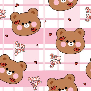 Yüzünde öpücük maskesi olan kusursuz bir oyuncak ayı yüzü. Mesajı öp. Aşk çifti. Vahşi hayvan karakteri çizimi..