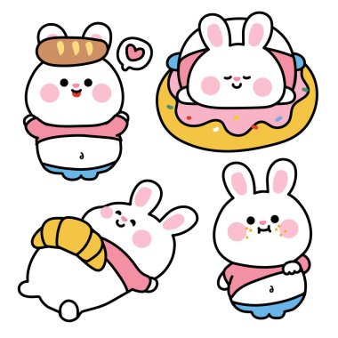 Tatlı, tombul, tombul tavşan tavşanı. Büyük göbekli, hayvansı, komik karakter çizimi. Baskı ekranı için görüntü, bebek ürünü, dekore edilmiş. Kawaii.Vector..