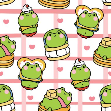 Tatlı ve tatlı kalp geçmişi olan kusursuz tombul kurbağa deseni. Büyük göbekli hayvan komik karakter çizgi film tasarımı. Baskı ekranı için görüntü, bebek ürünü, dekore edilmiş. Kawaii.Vector..