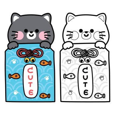 Boyama sayfası. Siyah kedili şirin omamori. Miyav. Balık ve pençe. Omamori, Japon tılsımı.