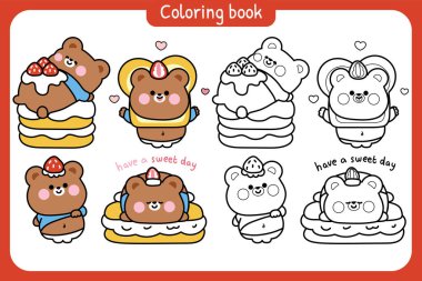 Boyama sayfaları. Çilekli tatlı tombul oyuncak ayı. Tatlı ve tatlı fırını. Koca göbekli hayvan komik karakter çizimi. Resim kitabı..