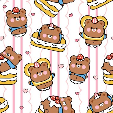 Çilekli pasta geçmişi olan kusursuz, tombul, tombul oyuncak ayı deseni. Tatlı ve tatlı fırını. Koca göbekli, hayvansı, komik karakter çizimi. Baskı ekranı için görüntü, bebek ürünü, dekore edilmiş. Kawaii.