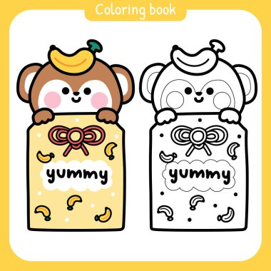 Boyama putları. Maymunlu şirin omamori. Muz meyvesi. Lezzetli metin. Omamori Japon tılsımı. Şans. Vahşi hayvan karakteri karikatürü.