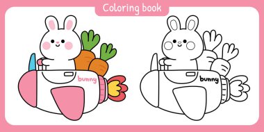 Boyama putları. Sevimli tavşan havuç taşır. Kemirgen hayvan karakteri karikatürü. Tavşan doğu.Bebek ürünü, çıkartma, baskı ekranı..