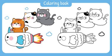 Boyama putları. Şirin kediler bulut üzerinde bir balık uzay gemisi sürüyor. Evcil hayvan karakteri karikatürü. Miyav. Kawaii.Vector..