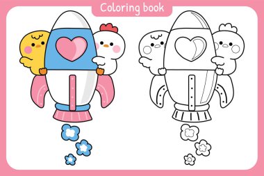 Boyama tabloları. Sevimli tavuk ve tavuk rokette kalır. Kalp penceresi. Kuş çiftliği hayvan karakteri karikatürü..