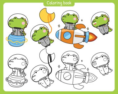 Boyama putları. Çeşitli şirin timsah timsahları uzay konseptinde poz verir. Sürüngen hayvan çizgi filmi. Uzay gemisi, roket, ay, gezegen, galaksi, pilot el çizimi..