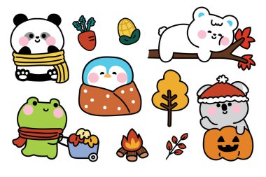 Sonbaharda sevimli hayvanlardan oluşan 5 numara. Çizgi film vahşi kuş ve sürüngen hayvan karakteri. Kırmızı yaprak, balkabağı, mısır, ateş kampı eli. Panda, koala, kurbağa, penguen..