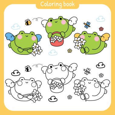 Boyama putları. Çiçek taşıyan sevimli kurbağa melek. Sürüngen el çizimi. Arı, bulut, yusufçuk, yaz ve çiçek. Çiçek açan çiçek. İzole edilmiş.. 