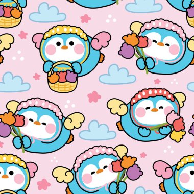 Tatlı penguen meleğinin kusursuz deseni, arka planda uçmak için çiçekleri tutar. Orman, orman, ağaç, bulut, yıldız, dağ. Çiçek açan çiçekler. Hayvan kutup kuşu karakteri çizgi filmi.. 