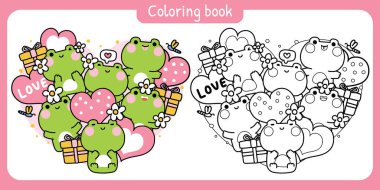 Boyama putları. Şirin kurbağa çeşitli pozları kalpte kalır. Sevgililer Günü. Sevgi. Çiçek, hediye kutusu, balon, yusufçuk..