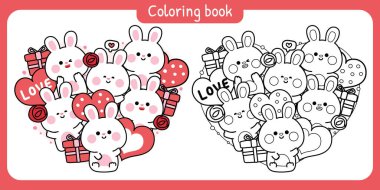 Boyama putları. Sevimli tavşanlar çeşitli pozlarda kalabilirler. Sevgililer Günü. Sevgiler. Gül, hediye kutusu, balon..