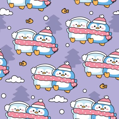 Tatlı penguen ağaç bulutunun kusursuz patenti ve balıklar kar altında kalır. Kış donar. Kutup kuşu hayvan karakteri karikatürü. Noel ve yeni yıl festivali..