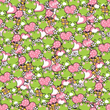 Tatlı kurbağaların kusursuz desenleri pembe arka planda dururlar. Sevgililer Günü. Sevgi. Çiçek, hediye kutusu, balon, yusufçuk..