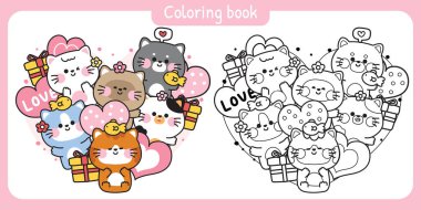 Boyama putları. Şirin kedi çeşitli pozlar kalpte kalır. Miyav.Sevgililer Günü. Aşk. Çiçek, hediye kutusu, balon, balık..