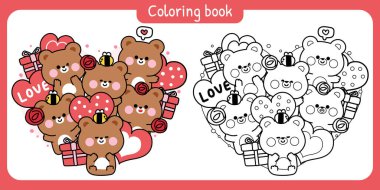 Sevimli ayıcık çeşitli pozlarda kalmalı. Sevgililer Günü. Arı, çiçek gülü, hediye kutusu, balon. Vahşi hayvan karakteri çizimi..